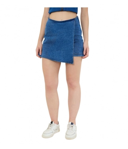Generic Women's Denim Lycra Solid Zip Closure Skorts (Blue)