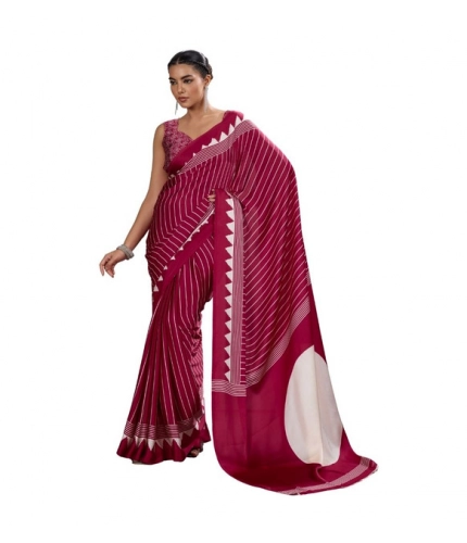 Generic Women's Satin Crepe Printed Saree With Unstitched Blouse 5.5Mtr (Maroon)