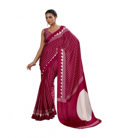 Generic Women's Satin Crepe Printed Saree With Unstitched Blouse 5.5Mtr (Maroon)