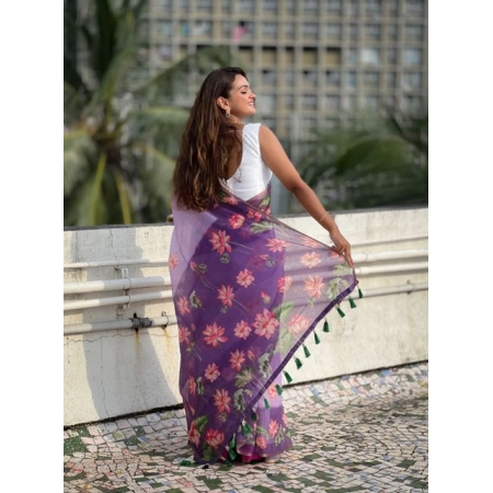 Generic Women's Linen Printed Saree With Unstitched Blouse 5.5Mtr (Purple)