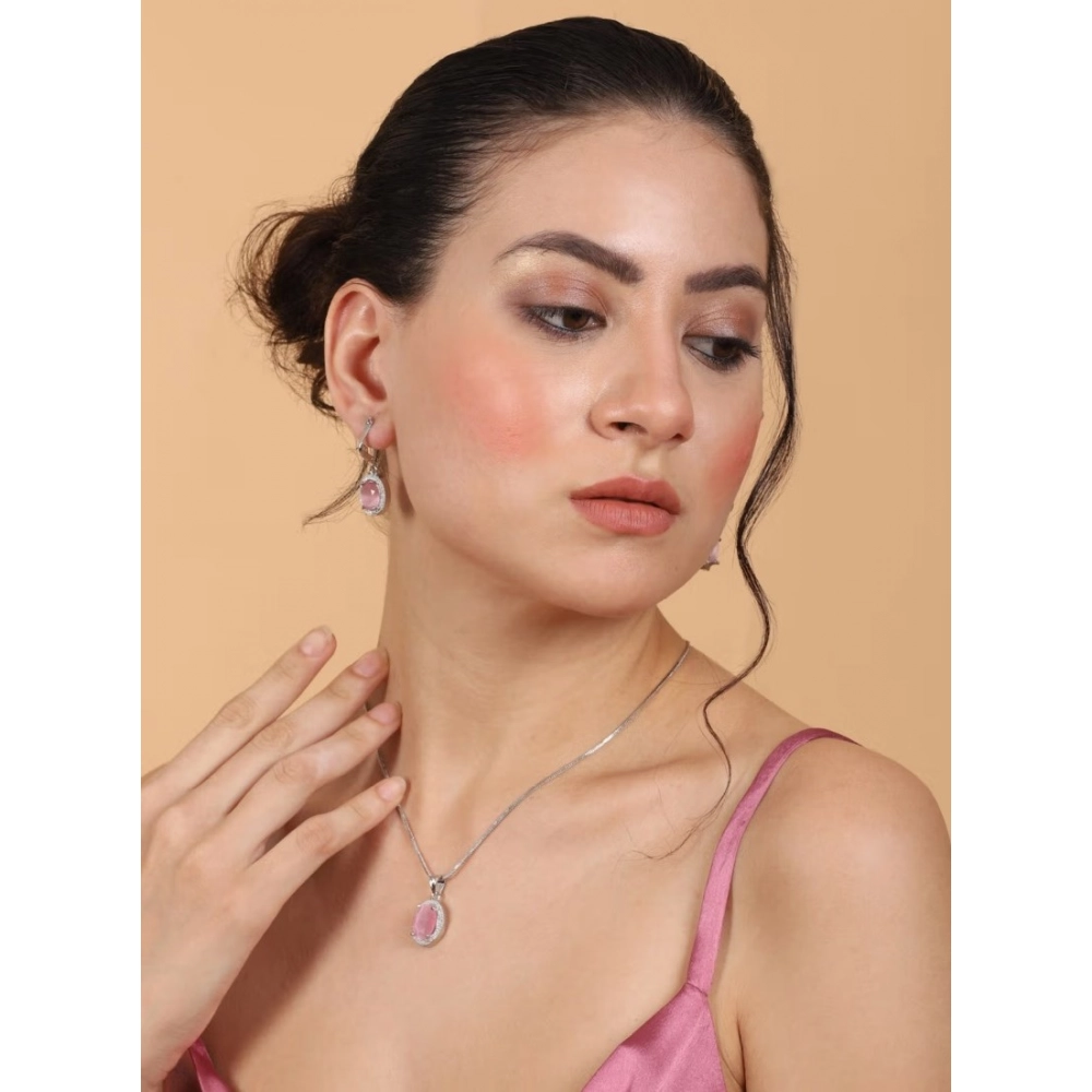 Generic Women's Brass Silver Plated Pendant Set (Pink) Generic Women's Brass Silver Plated Pendant Set (Pink)