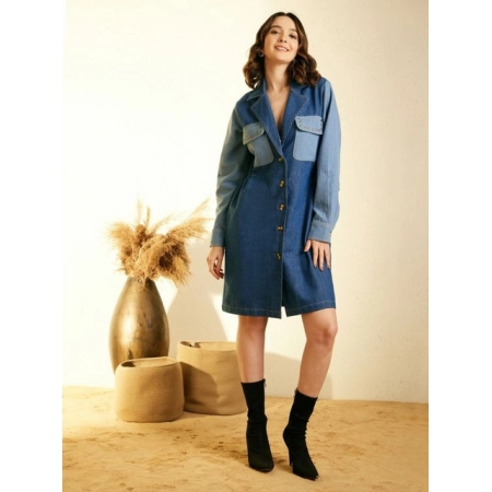 Generic Women's Denim Color Blocking Roll Up Dress (Blue)