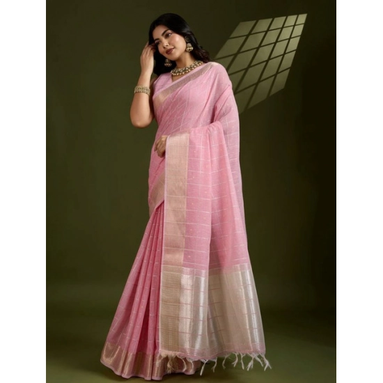 Generic Women's Tissue Checks_With_Buttis Saree With Unstitched Blouse 5.5Mtr (Light_Pink)