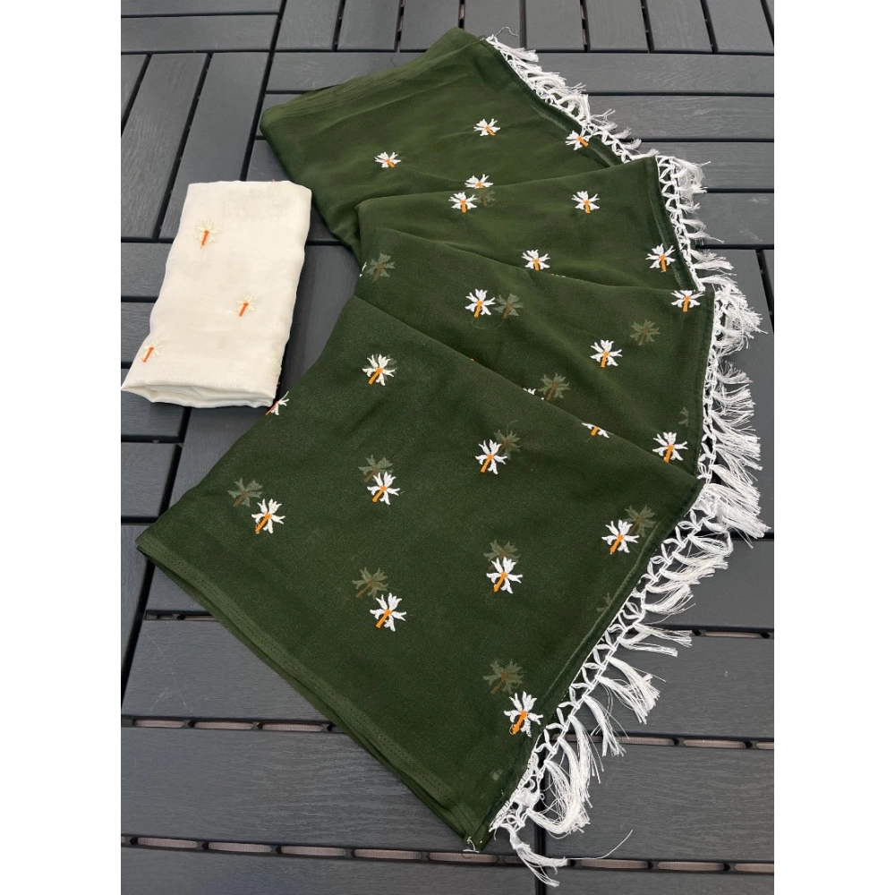Generic Women's Georgette Embellished Saree With Unstitched Blouse 5.5Mtr (Green)