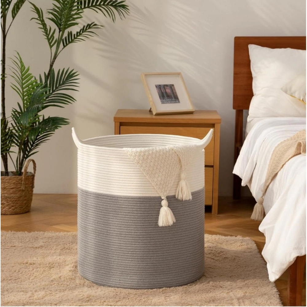 Generic Cotton 12x14 Inch-1 Pcs Storage Basket For Clothes With Out Lid (Gray-White)