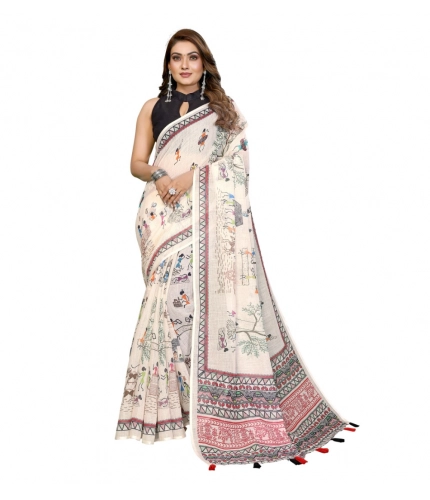 Generic Women's Linen Cotton Printed Saree With Unstitched Blouse 5.5Mtr (Off White)