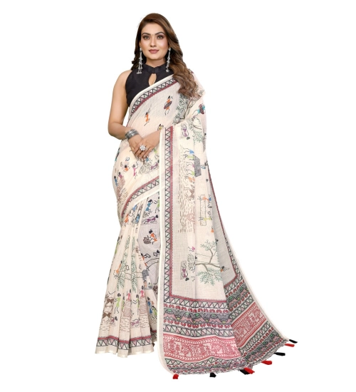 Generic Women's Linen Cotton Printed Saree With Unstitched Blouse 5.5Mtr (Off White) Generic Women's Linen Cotton Printed Saree With Unstitched Blouse 5.5Mtr (Off White)