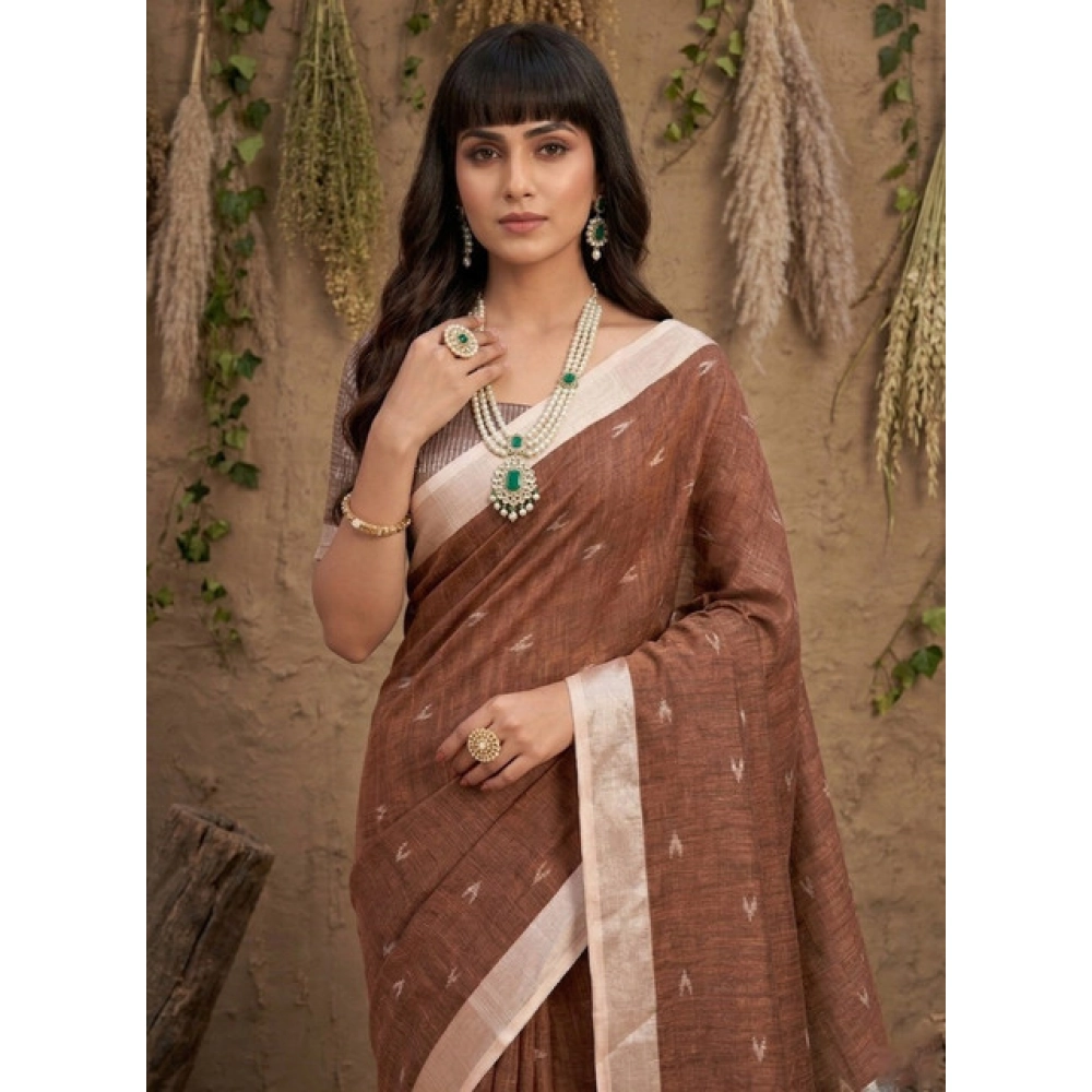 Generic Women's Linen Cotton Printed Saree With Unstitched Blouse 5.5Mtr (Brown)