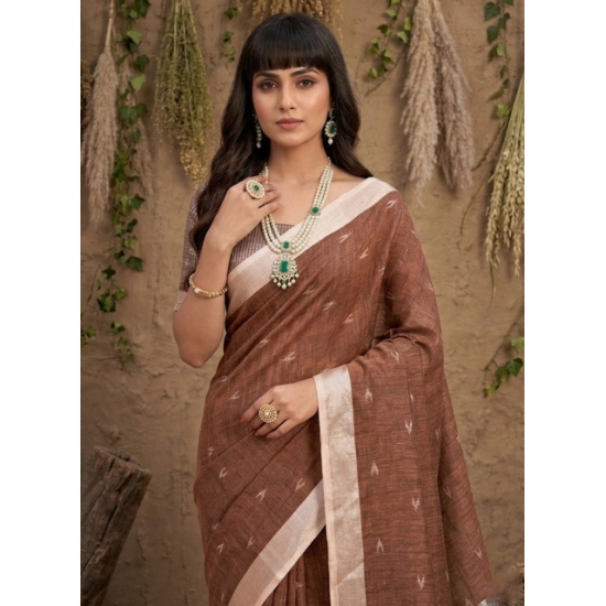 Generic Women's Linen Cotton Printed Saree With Unstitched Blouse 5.5Mtr (Brown) Generic Women's Linen Cotton Printed Saree With Unstitched Blouse 5.5Mtr (Brown)