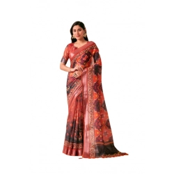 Generic Women's Faux_Linen Printed Saree With Unstitched Blouse 5.5Mtr (Red)