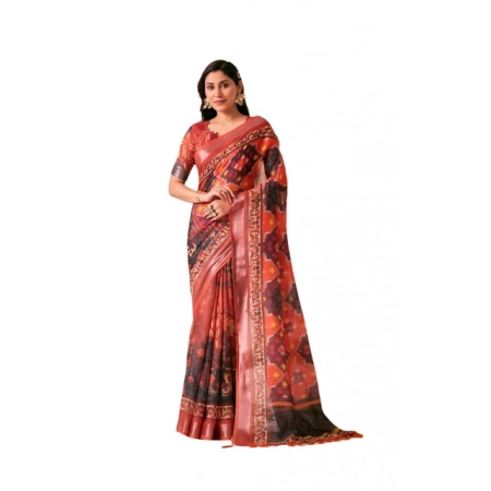 Generic Women's Faux_Linen Printed Saree With Unstitched Blouse 5.5Mtr (Red)