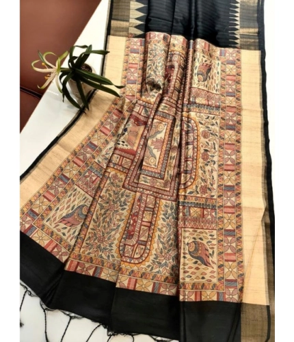 Generic Women's Tussar Silk Madhubani Saree With Unstitched Blouse 5.5Mtr (Black)