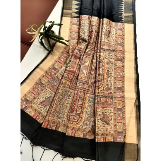 Generic Women's Tussar Silk Madhubani Saree With Unstitched Blouse 5.5Mtr (Black)
