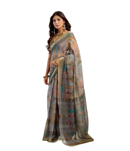 Generic Women's Faux Linen Printed Ready to wear Saree With Unstitched Blouse 5.5Mtr (Multicolor)