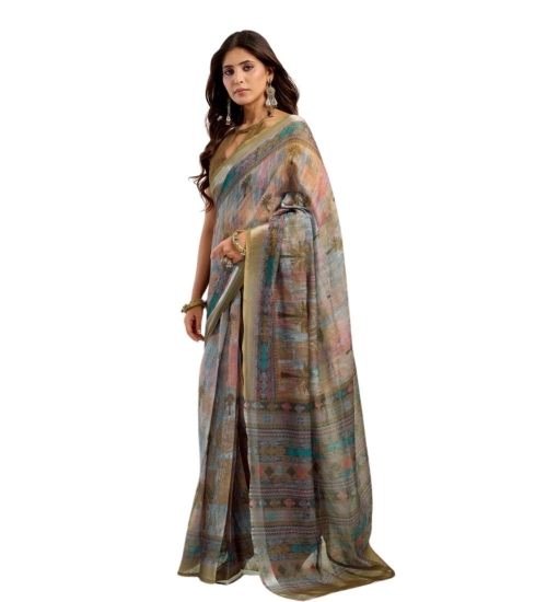 Generic Women's Faux Linen Printed Ready to wear Saree With Unstitched Blouse 5.5Mtr (Multicolor)