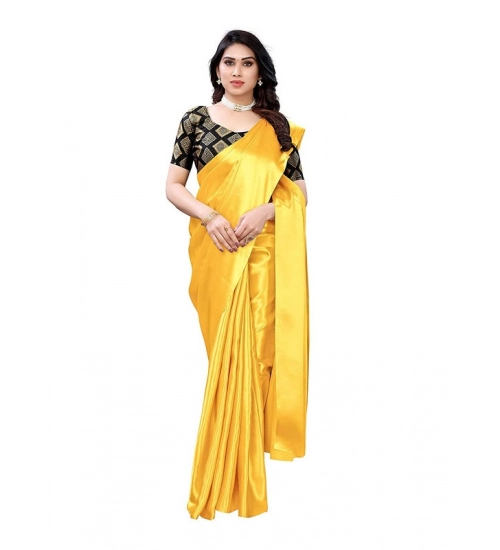 Generic Women's Satin Printed Saree With Unstitched Blouse 5.5Mtr (Yellow)
