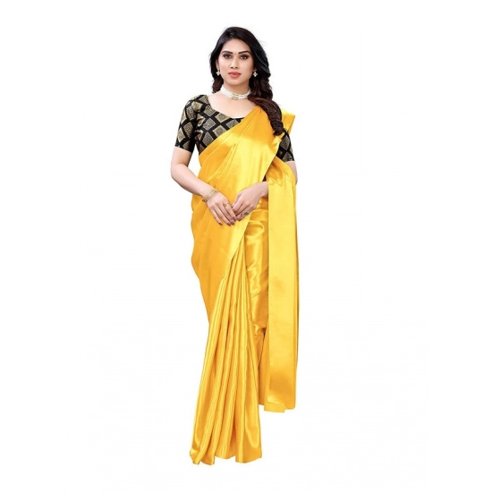 Generic Women's Satin Printed Saree With Unstitched Blouse 5.5Mtr (Yellow)