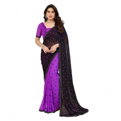 Generic Women's Georgette Printed Saree With Unstitched Blouse 5.5Mtr (Black-Purple)