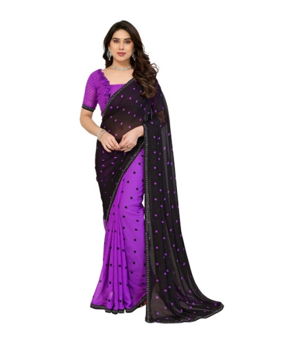 Generic Women's Georgette Printed Saree With Unstitched Blouse 5.5Mtr (Black-Purple)