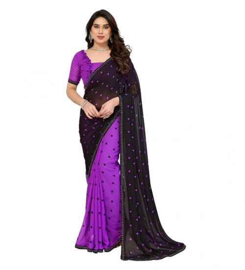 Generic Women's Georgette Printed Saree With Unstitched Blouse 5.5Mtr (Black-Purple)