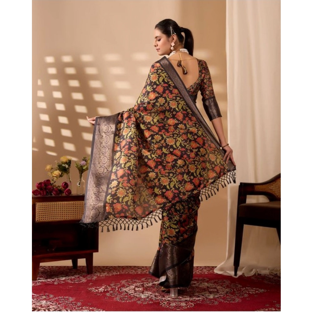 Generic Women's Faux_Banarasi Printed Saree With Unstitched Blouse 5.5Mtr (Black)