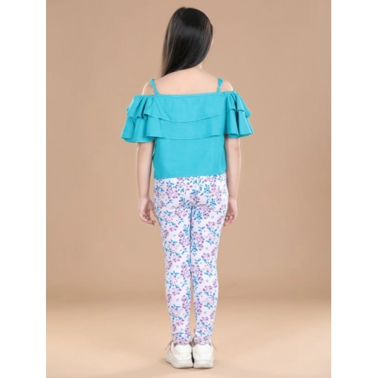 Generic Girl's Cotton Floral Elasticated Jegging and Top Set (Turquoise Blue)