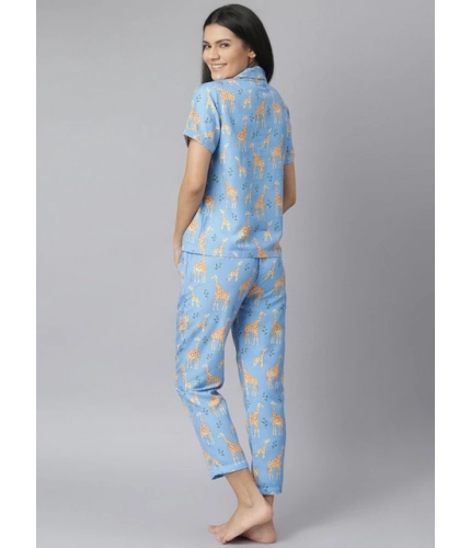 Generic Women's Cotton Blend Printed Short Sleeve Night Suit (Blue)