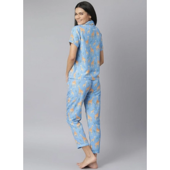 Generic Women's Cotton Blend Printed Short Sleeve Night Suit (Blue)