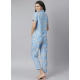 Generic Women's Cotton Blend Printed Short Sleeve Night Suit (Blue)