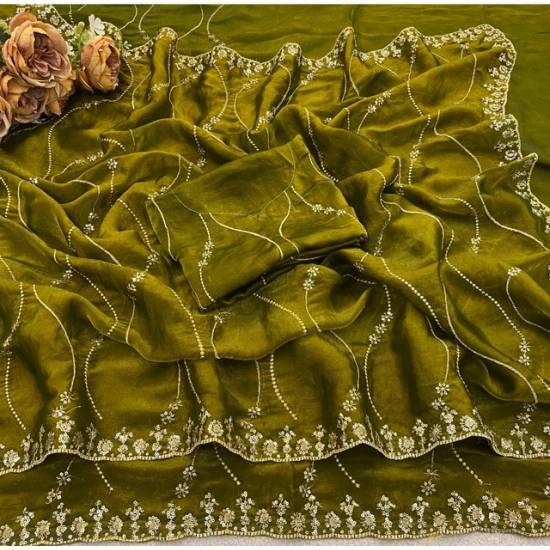 Generic Women's Slik Embellished Saree With Unstitched Blouse 5.5Mtr (Green)