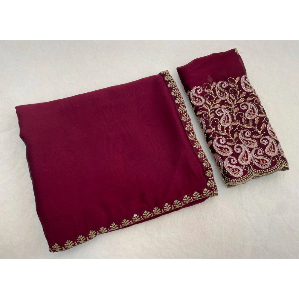Generic Women's Chiffon Embroidered Saree With Unstitched Blouse 5.5Mtr�(Maroon)