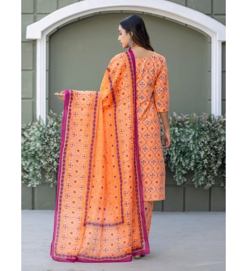 Generic Women's Cotton Blend Printed Kurti With Pant Dupatta Set (Coral)