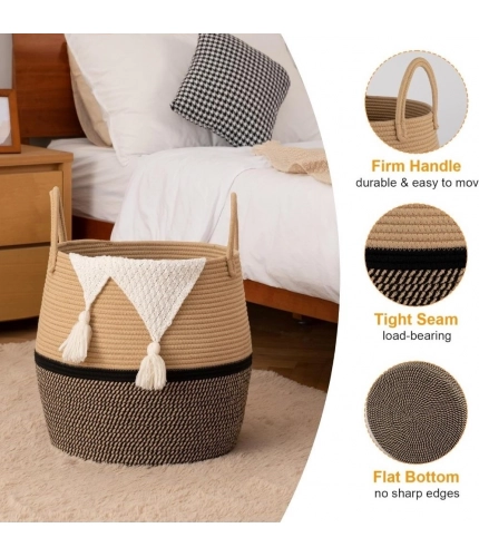 Generic Cotton Matka With Handle 14x12 Inch Storage Basket For Clothes With Out Lid (Beige-Black)