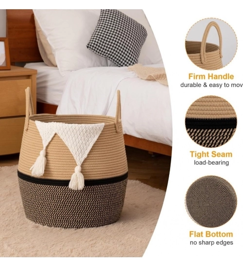 Generic Cotton Matka With Handle 14x12 Inch Storage Basket For Clothes With Out Lid (Beige-Black)