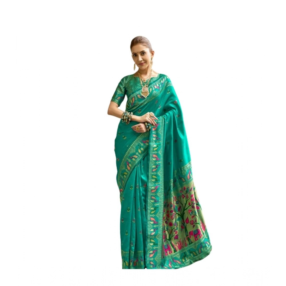 Generic Women's Silk Blend Woven Saree With Unstitched Blouse 5.5 Mtr (Green)