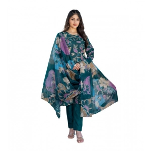 Generic Women's Cotton Blend Printed Kurti With Pant Dupatta Set (Rama)