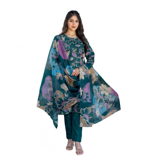 Generic Women's Cotton Blend Printed Kurti With Pant Dupatta Set (Rama)