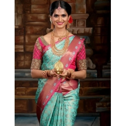 Generic Women's Litchi silk Printed Saree With Unstitched Blouse (Turquise Blue)