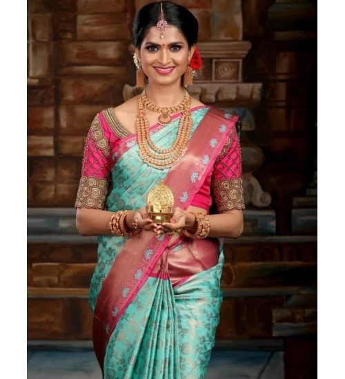 Generic Women's Litchi silk Printed Saree With Unstitched Blouse (Turquise Blue)