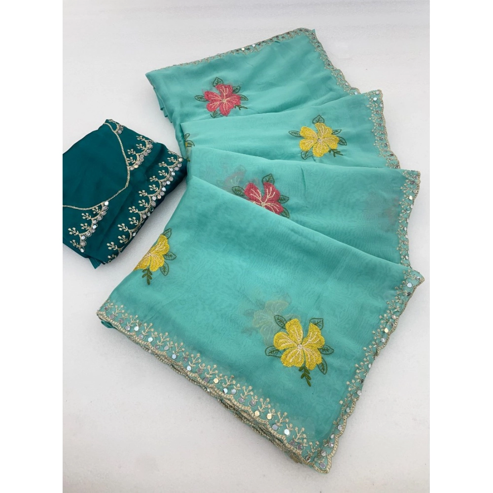 Generic Women's Georgette Embellished Saree With Unstitched Blouse 5.5Mtr�(Aqua Blue)