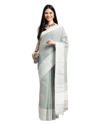 Generic Women's Linen Printed Saree With Unstitched Blouse 5.5Mtr (Sea Green)