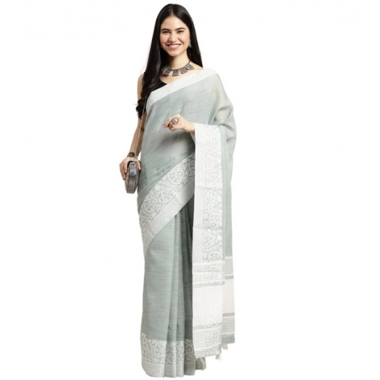 Generic Women's Linen Printed Saree With Unstitched Blouse 5.5Mtr (Sea Green)