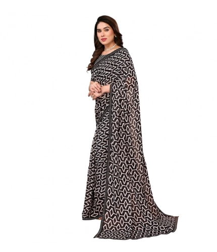 Generic Women's Georgette Printed Saree With Unstitched Blouse 5.5Mtr (Black)