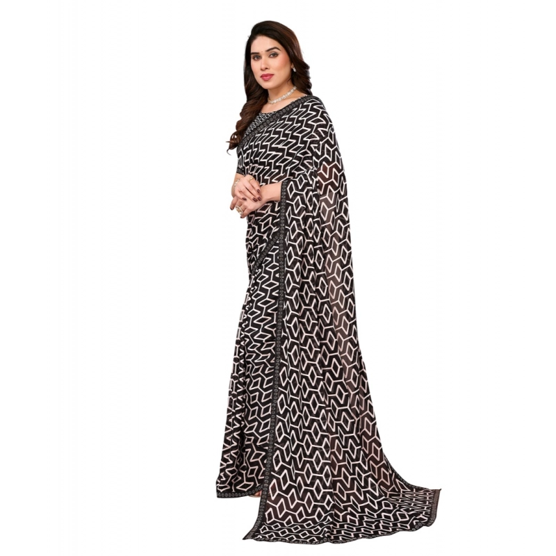 Women's Georgette Printed Saree With Unstitched Blouse 5.5Mtr (Black)