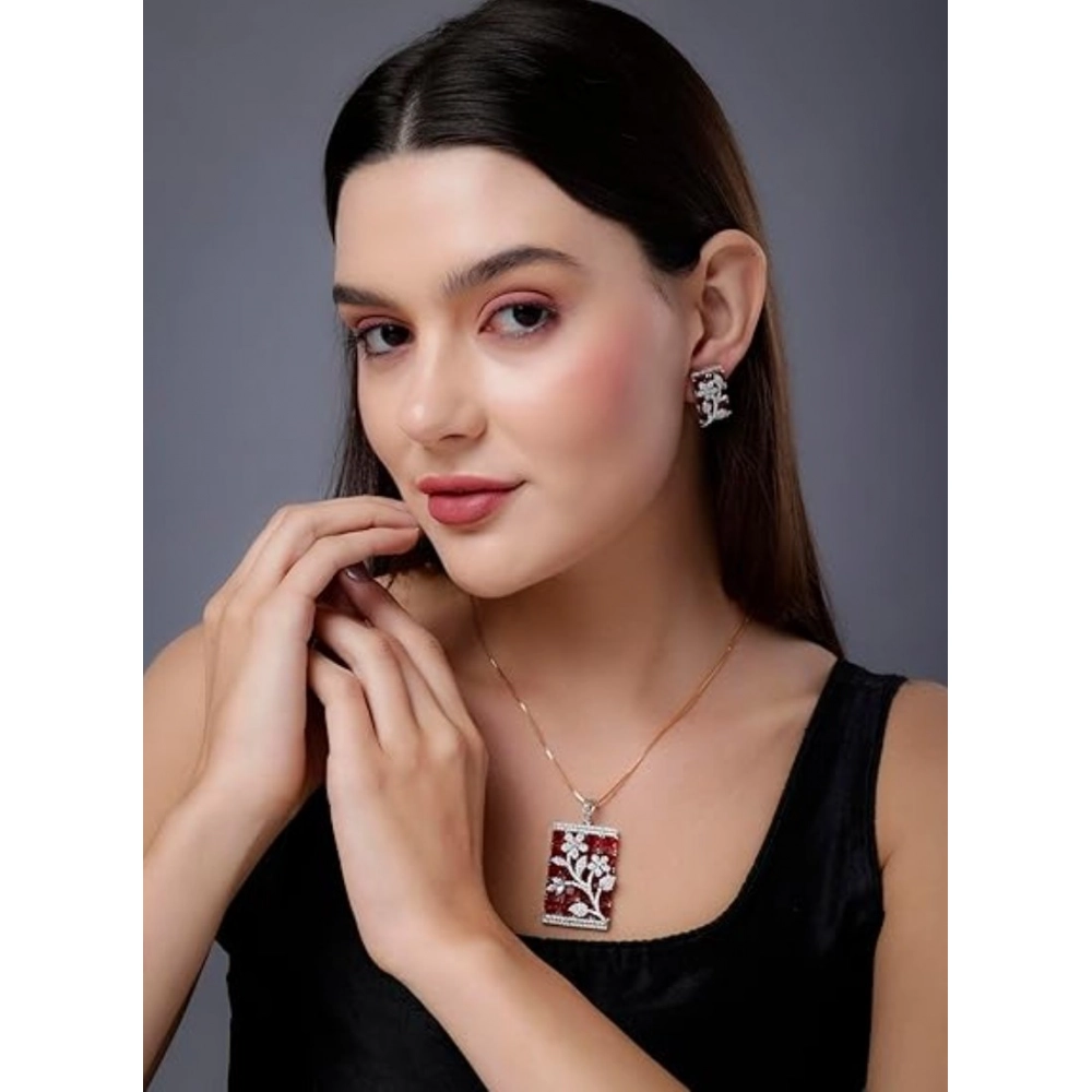 Generic Women's Brass Silver Plated Pendant Set (Red)