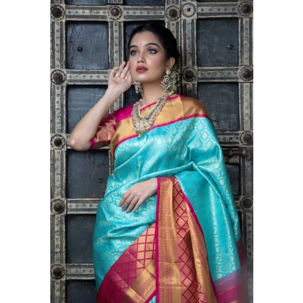 Generic Women's Soft Litchi Silk Jacquard Work Saree With Unstitched Blouse 5.5Mtr (Sky Blue)