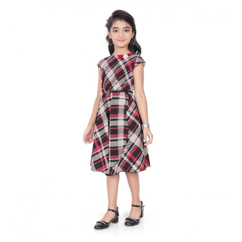 Generic Girl's Lycra Checks Striped Short Sleeve Round Neck Dress (Pink)