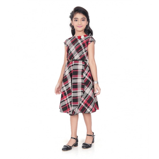Generic Girl's Lycra Checks Striped Short Sleeve Round Neck Dress (Pink)