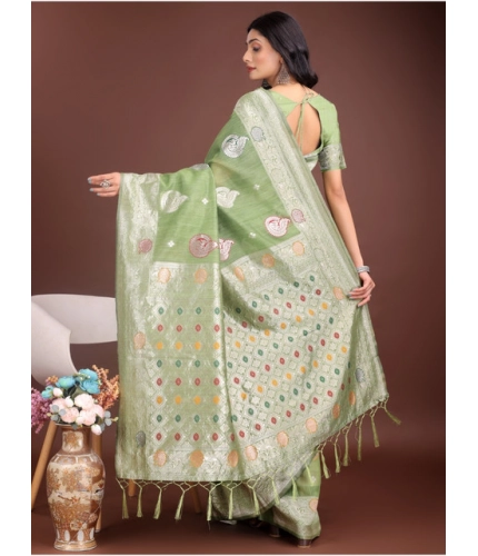 Generic Women's Linen Cotton Printed Saree With Unstitched Blouse 5.5Mtr (Light Green)
