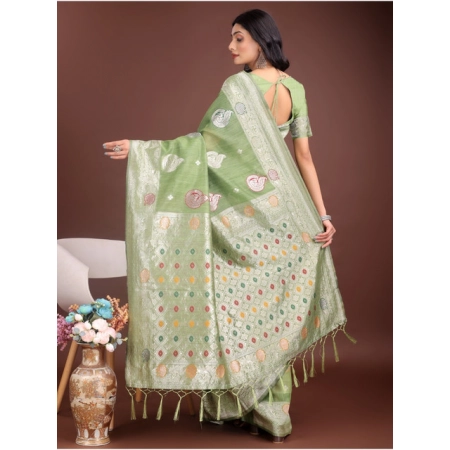 Generic Women's Linen Cotton Printed Saree With Unstitched Blouse 5.5Mtr (Light Green)